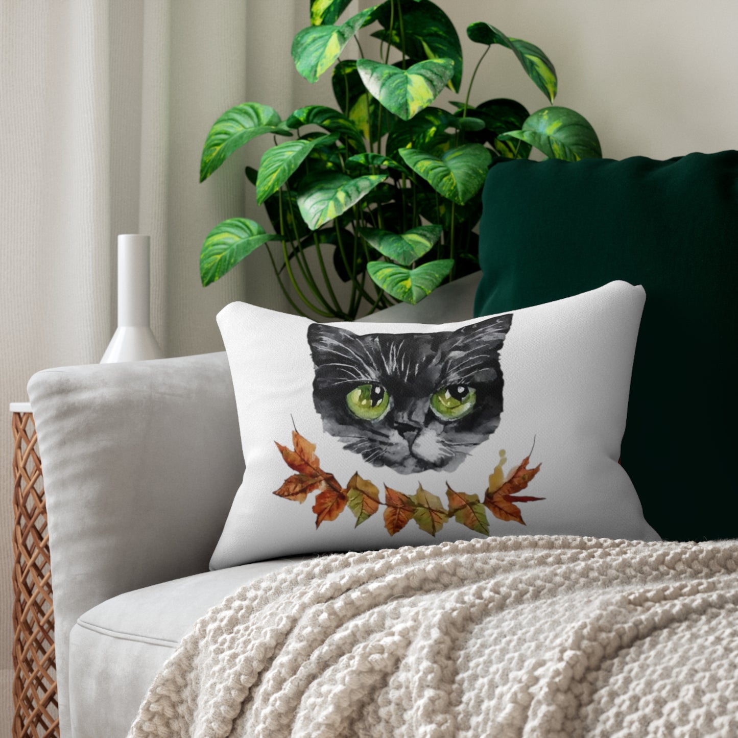 Cat and Leaves  Spun Polyester Lumbar Pillow perfect for Fall season décor