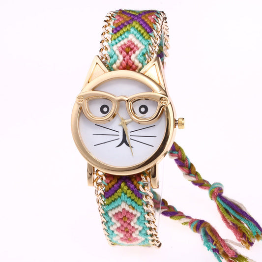 Hand-Knitted Woolen Chain Cat Face Watch - Ladies Bracelet Watch Catvibesbylizanne